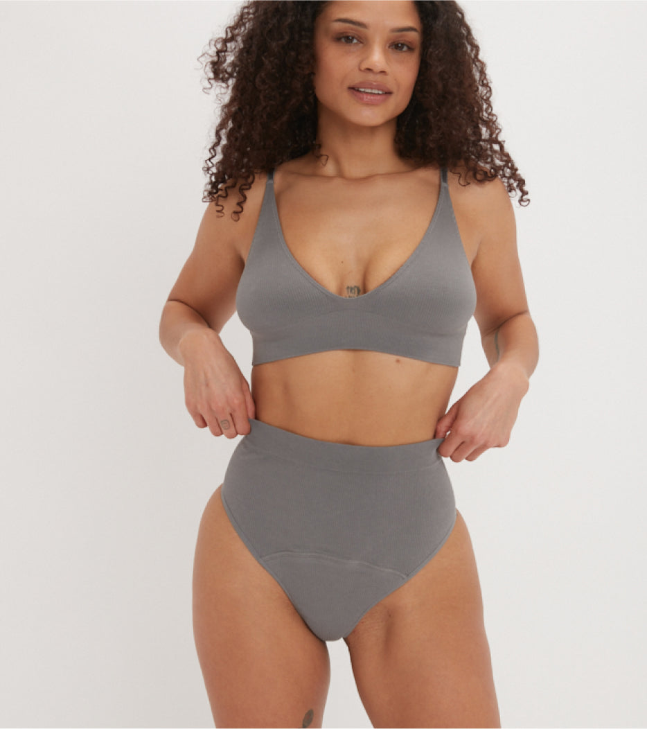 Seamless Ribbed High-Waist Thong - Graphite