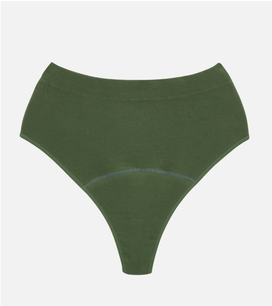 Seamless Ribbed High-Waist Thong - Forest green